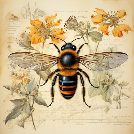 bumblebee bee Botanical Scrapbook Sketches flowers illustration collage postcard print bouquet posterの素材