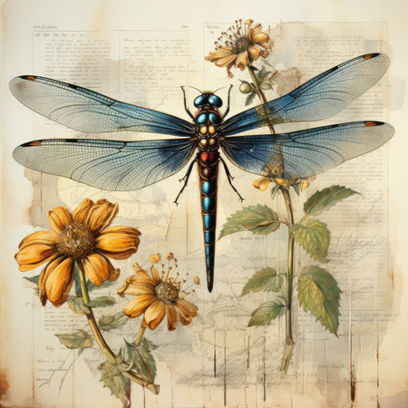 dragonfly Botanical Scrapbook Sketches flowers illustration collage postcard print bouquet posterの素材