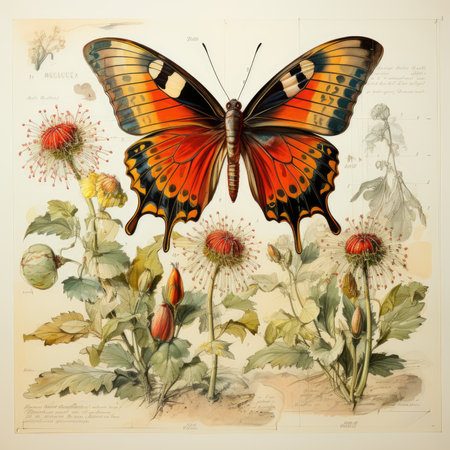 butterfly Botanical Scrapbook Sketches flowers illustration collage postcard print bouquet posterの素材