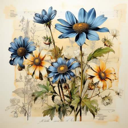 chamomile Botanical Scrapbook Sketches flowers illustration collage postcard print bouquet posterの素材