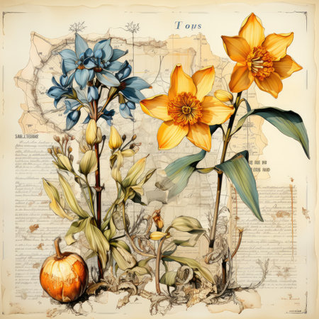 daffodil Botanical Scrapbook Sketches flowers illustration collage postcard print bouquet posterの素材