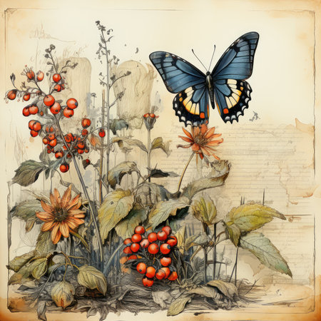 butterfly Botanical Scrapbook Sketches flowers illustration collage postcard print bouquet posterの素材