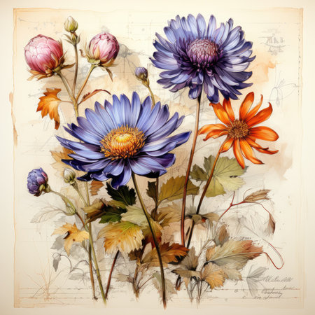 Botanical Scrapbook Sketches flowers illustration collage postcard print bouquet posterの素材