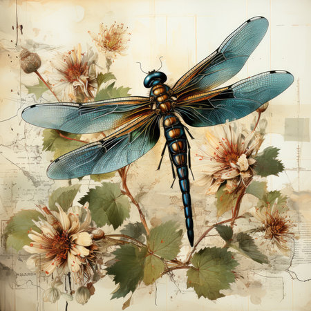 dragonfly Botanical Scrapbook Sketches flowers illustration collage postcard print bouquet posterの素材