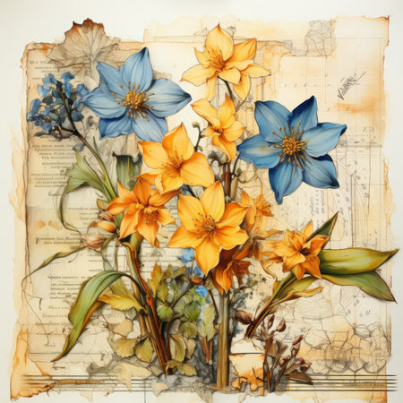 daffodil Botanical Scrapbook Sketches flowers illustration collage postcard print bouquet posterの素材