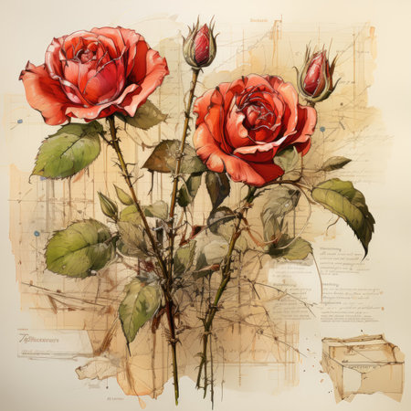 rose Botanical Scrapbook Sketches flowers illustration collage postcard print bouquet posterの素材