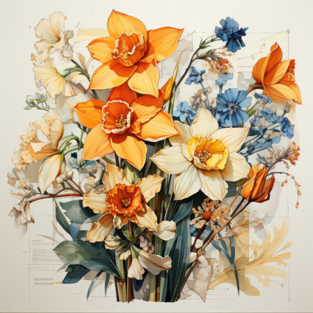 daffodil Botanical Scrapbook Sketches flowers illustration collage postcard print bouquet posterの素材