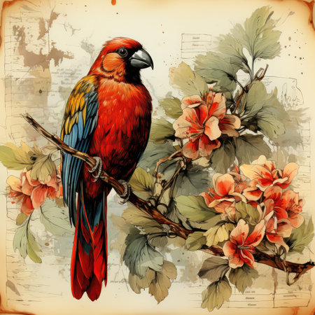 parrot Botanical Scrapbook Sketches flowers illustration collage postcard print bouquet posterの素材