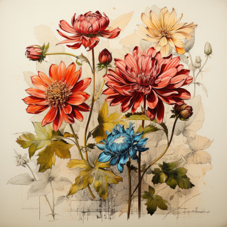 dahlias Botanical Scrapbook Sketches flowers illustration collage postcard print bouquet posterの素材