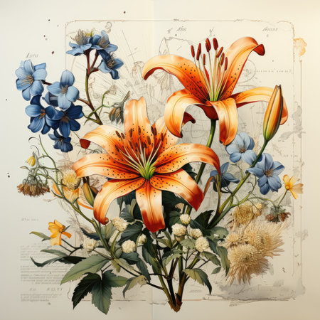 lily Botanical Scrapbook Sketches flowers illustration collage postcard print bouquet posterの素材