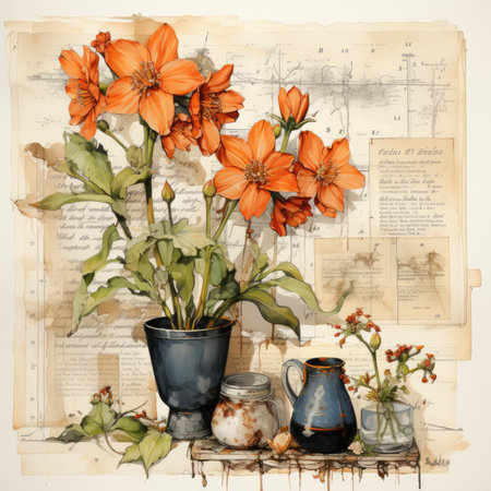 daffodil Botanical Scrapbook Sketches flowers illustration collage postcard print bouquet posterの素材