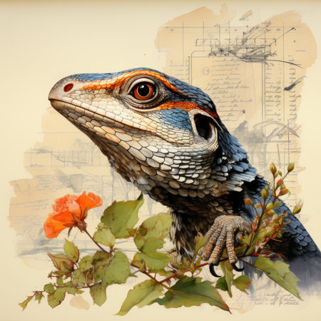 lizard Botanical Scrapbook Sketches flowers illustration collage postcard print bouquet posterの素材