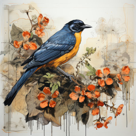 bird Botanical Scrapbook Sketches flowers illustration collage postcard print bouquet posterの素材