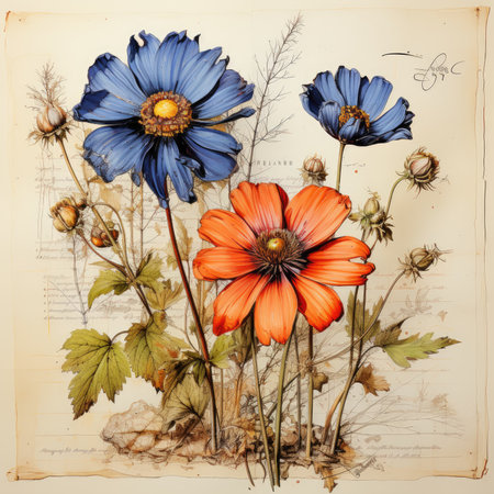 chamomile Botanical Scrapbook Sketches flowers illustration collage postcard print bouquet posterの素材