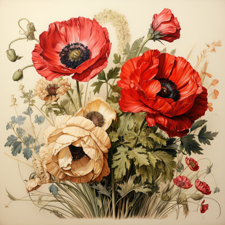 poppies Botanical Scrapbook Sketches flowers illustration collage postcard print bouquet posterの素材