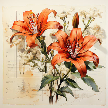 lily Botanical Scrapbook Sketches flowers illustration collage postcard print bouquet posterの素材