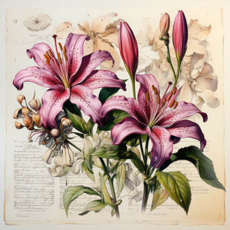 lily Botanical Scrapbook Sketches flowers illustration collage postcard print bouquet posterの素材
