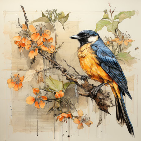 bird Botanical Scrapbook Sketches flowers illustration collage postcard print bouquet posterの素材