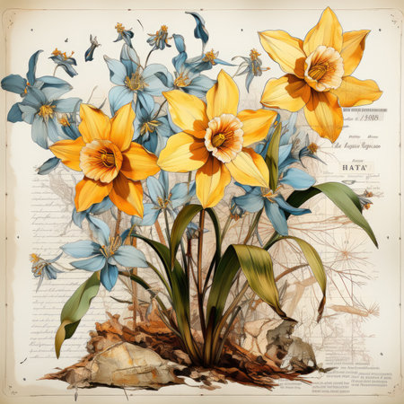 daffodil Botanical Scrapbook Sketches flowers illustration collage postcard print bouquet posterの素材