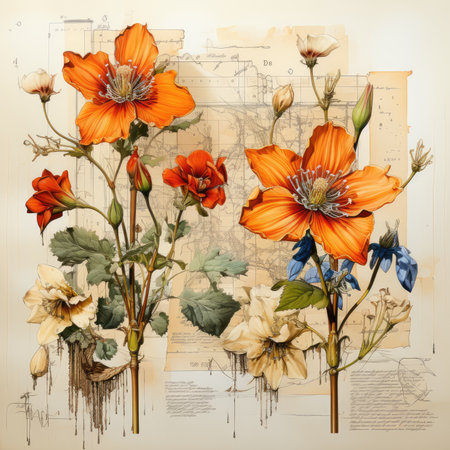 daffodil Botanical Scrapbook Sketches flowers illustration collage postcard print bouquet posterの素材