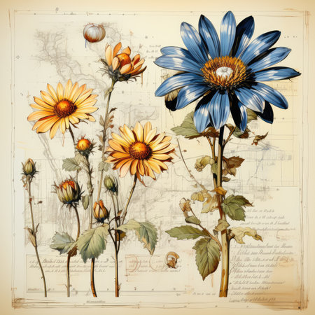 chamomile Botanical Scrapbook Sketches flowers illustration collage postcard print bouquet posterの素材