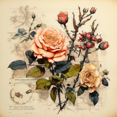 rose Botanical Scrapbook Sketches flowers illustration collage postcard print bouquet posterの素材