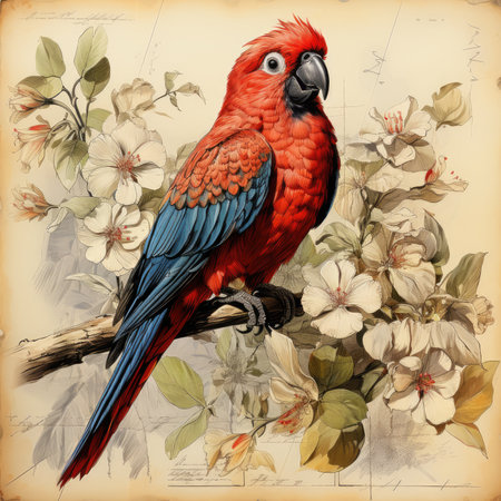 parrot Botanical Scrapbook Sketches flowers illustration collage postcard print bouquet posterの素材