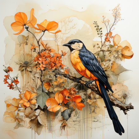 bird Botanical Scrapbook Sketches flowers illustration collage postcard print bouquet posterの素材