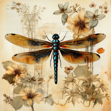 dragonfly Botanical Scrapbook Sketches flowers illustration collage postcard print bouquet posterの素材