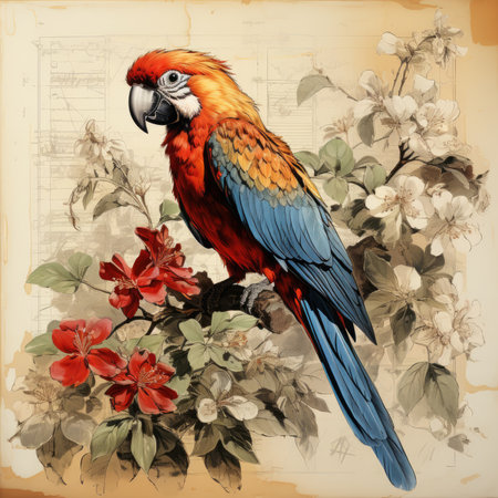 parrot Botanical Scrapbook Sketches flowers illustration collage postcard print bouquet posterの素材