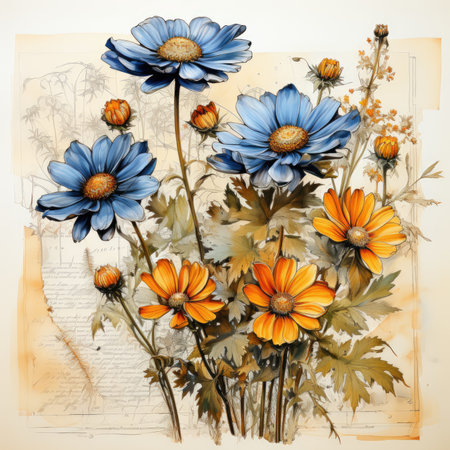 chamomile Botanical Scrapbook Sketches flowers illustration collage postcard print bouquet posterの素材