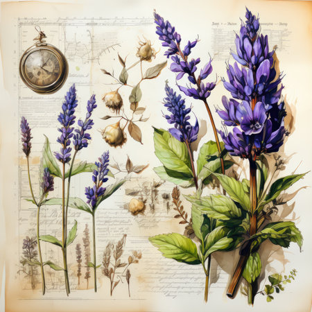 lavender Botanical Scrapbook Sketches flowers illustration collage postcard print bouquet posterの素材