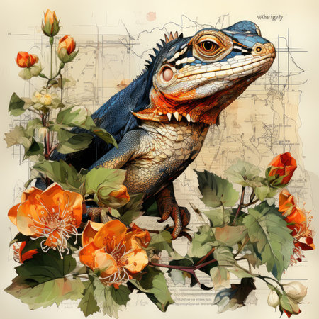 lizard Botanical Scrapbook Sketches flowers illustration collage postcard print bouquet posterの素材