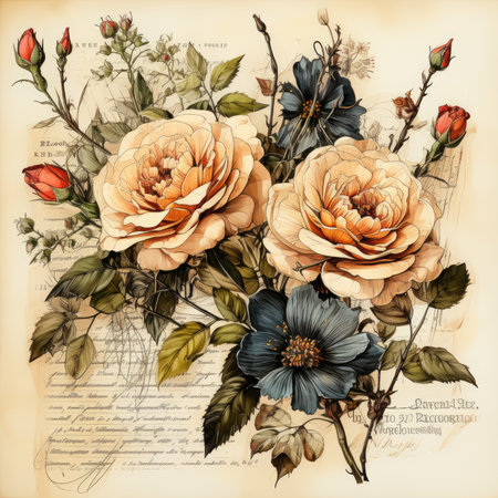 rose Botanical Scrapbook Sketches flowers illustration collage postcard print bouquet posterの素材