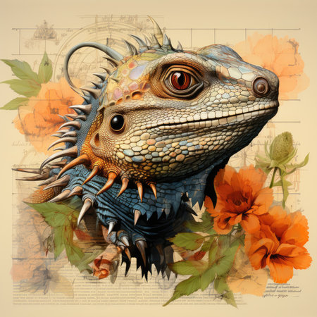 lizard Botanical Scrapbook Sketches flowers illustration collage postcard print bouquet posterの素材