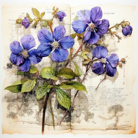 violet Botanical Scrapbook Sketches flowers illustration collage postcard print bouquet posterの素材