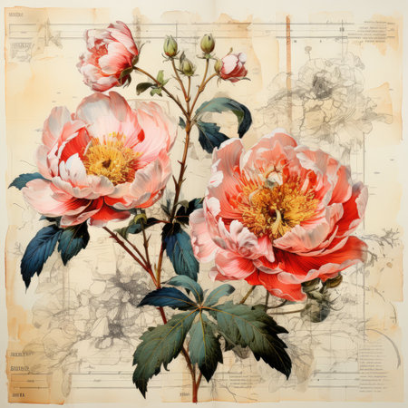 peony Botanical Scrapbook Sketches flowers illustration collage postcard print bouquet posterの素材