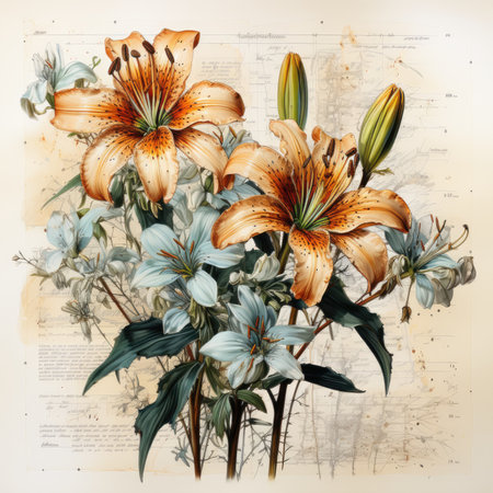 lily Botanical Scrapbook Sketches flowers illustration collage postcard print bouquet posterの素材