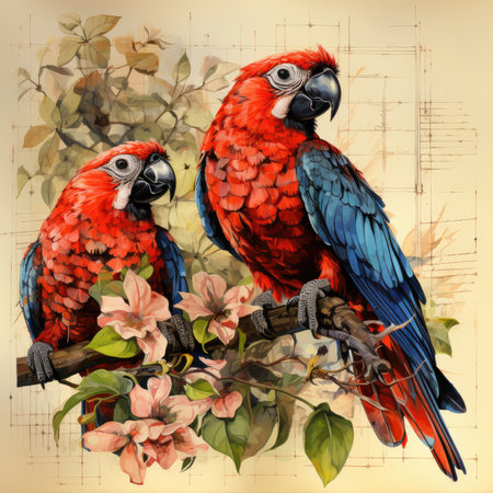 parrot Botanical Scrapbook Sketches flowers illustration collage postcard print bouquet posterの素材