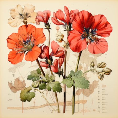 geranium Botanical Scrapbook Sketches flowers illustration collage postcard print bouquet posterの素材