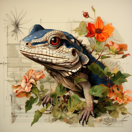 lizard Botanical Scrapbook Sketches flowers illustration collage postcard print bouquet posterの素材