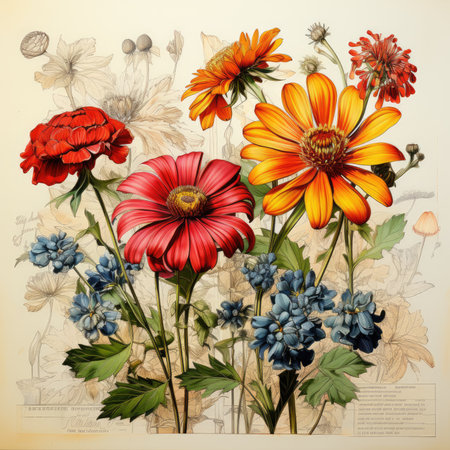 dahlias Botanical Scrapbook Sketches flowers illustration collage postcard print bouquet posterの素材