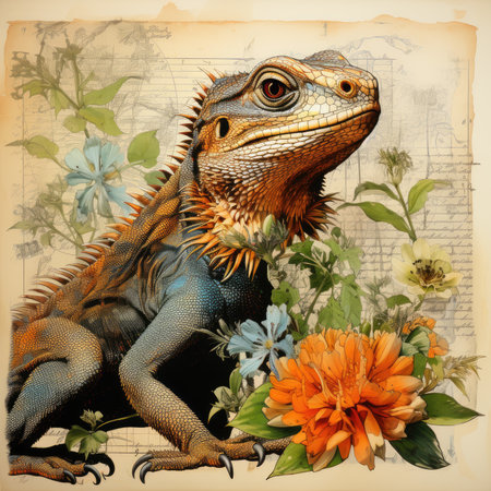 lizard Botanical Scrapbook Sketches flowers illustration collage postcard print bouquet posterの素材