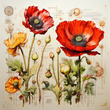 poppies Botanical Scrapbook Sketches flowers illustration collage postcard print bouquet posterの素材