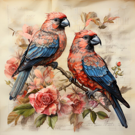 parrot Botanical Scrapbook Sketches flowers illustration collage postcard print bouquet posterの素材