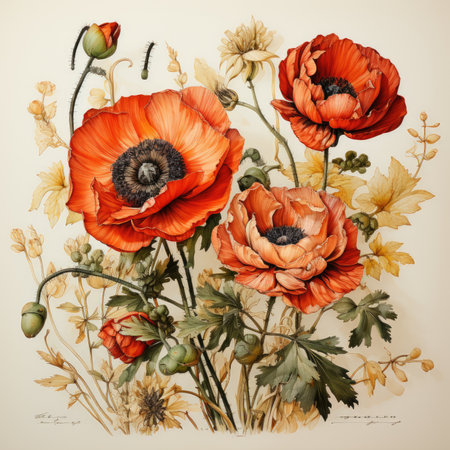 poppies Botanical Scrapbook Sketches flowers illustration collage postcard print bouquet posterの素材
