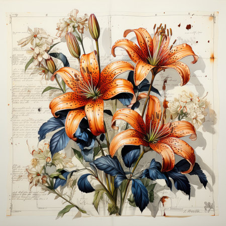 lily Botanical Scrapbook Sketches flowers illustration collage postcard print bouquet posterの素材