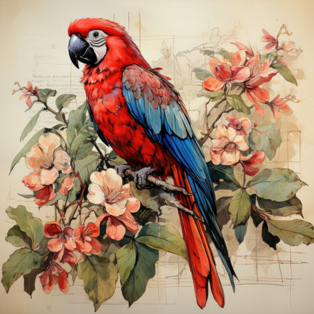 parrot Botanical Scrapbook Sketches flowers illustration collage postcard print bouquet posterの素材