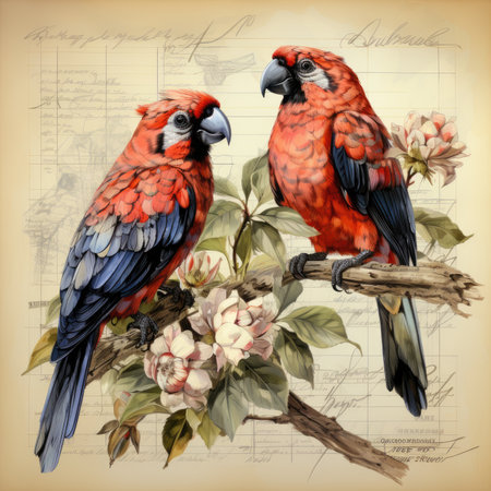 parrot Botanical Scrapbook Sketches flowers illustration collage postcard print bouquet posterの素材