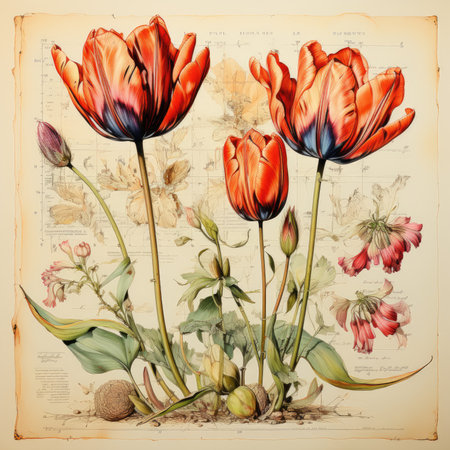 tulip Botanical Scrapbook Sketches flowers illustration collage postcard print bouquet posterの素材